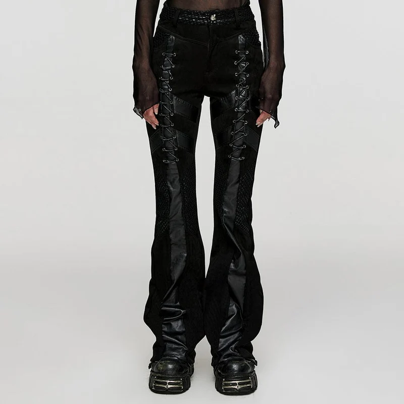 Dam Punk Mesh Split Faux Läder utsvängda byxor