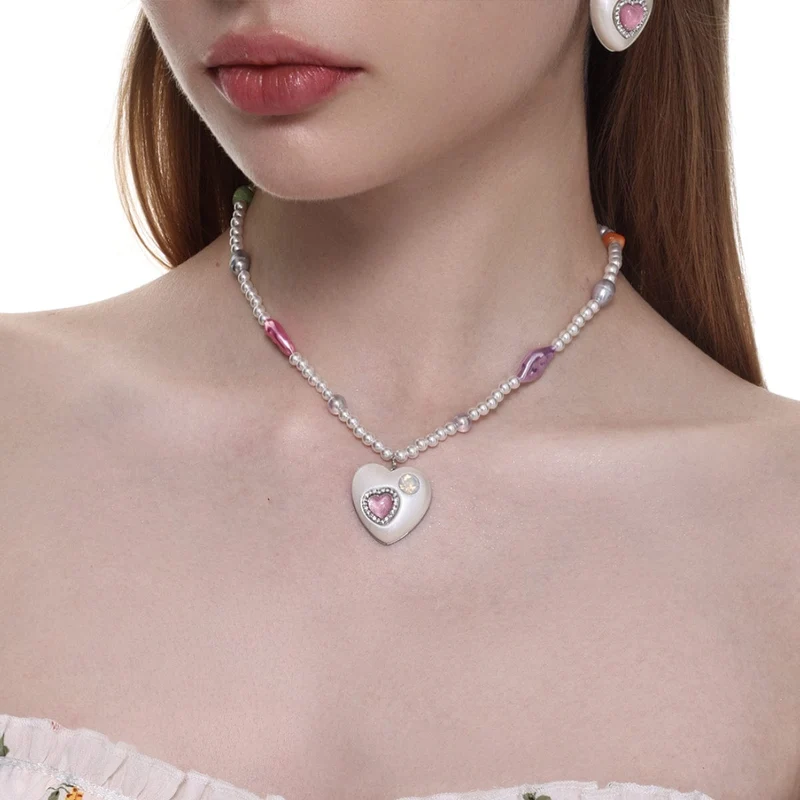 Dam Lolita Diamante Heart Pearl Halsband
