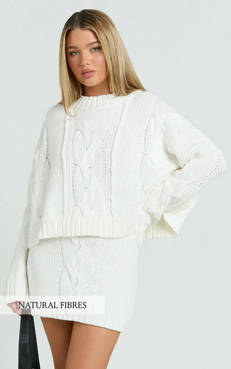 Marge Mini Skirt - High Waisted Cable Knit Mini Skirt in White