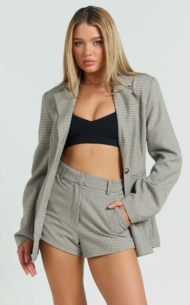 Angela Shorts - High Waist Micro Mini Shorts in Beige Check