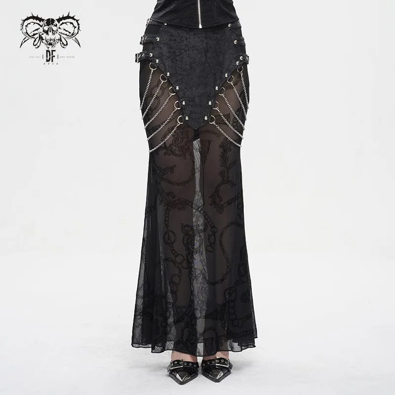 Gothic Mesh Splice Chain Fishtail-kjol för kvinnor