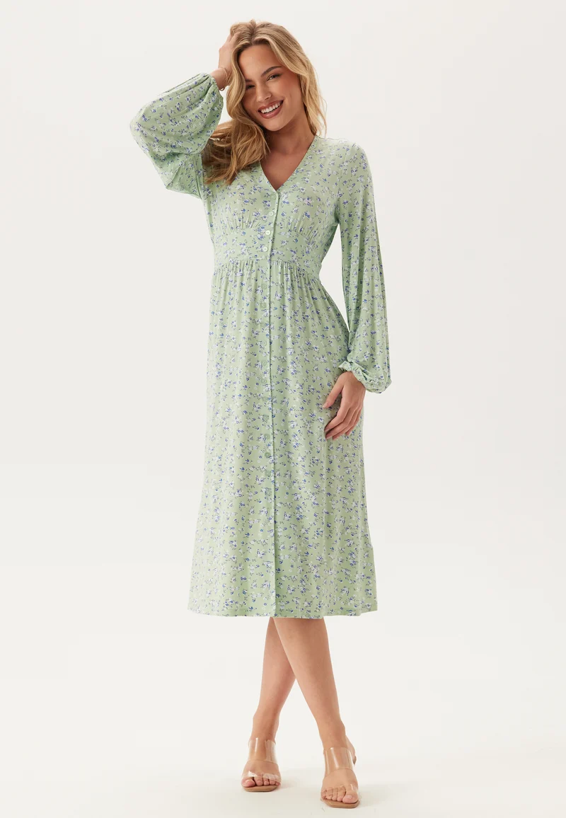 Soft Midi Button Volume Sleeve Dress