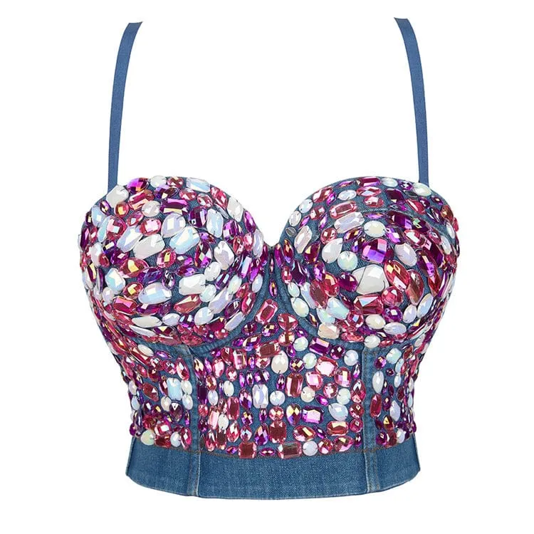 Gothic Crystal Printed Denim Bustier för kvinnor