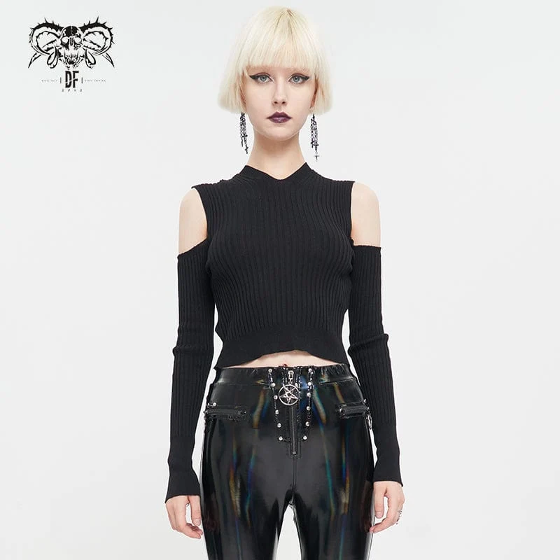 Kvinnors Punk Off Shoulder Cutout Stickad Långärmad Crop Top
