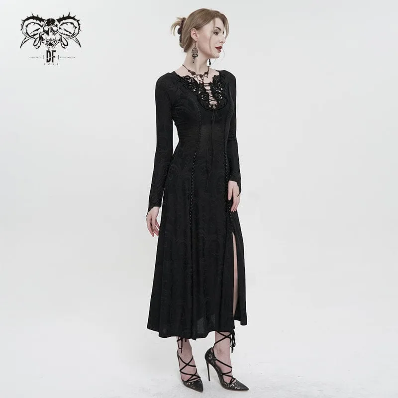 Gothic Strappy Plungy Blommig Broderad Klänning för kvinnor