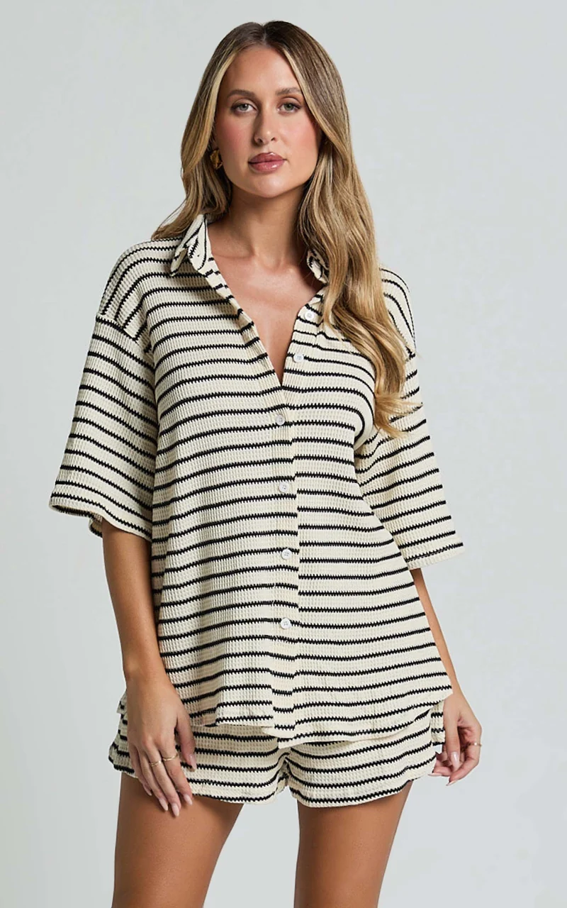 Dylan Two Piece Set - Striped Waffle Shirt and Short Set in Black & Cream Stripe