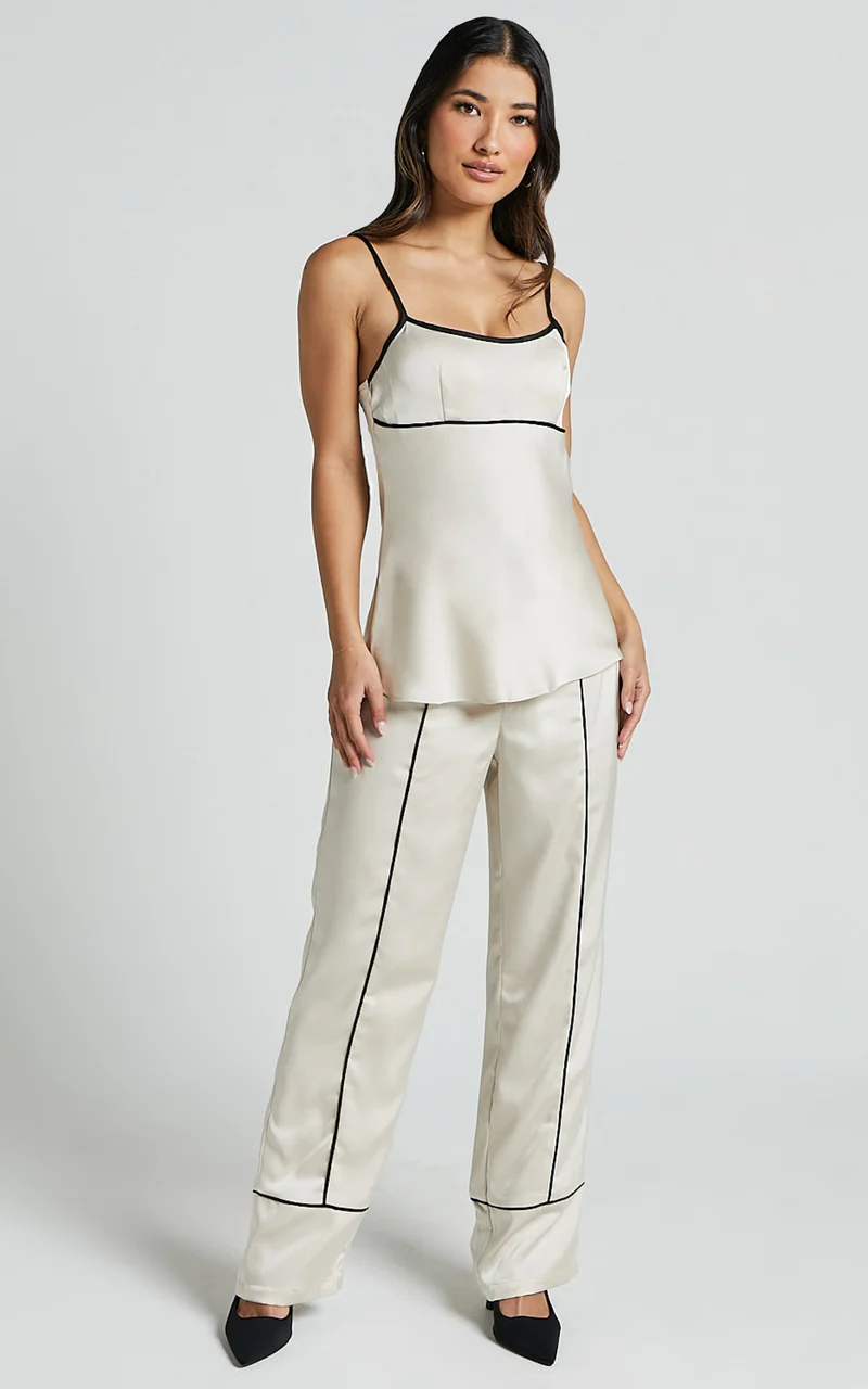 Bobbie Pants - High Waist Contrast Piping Pants in Oyster