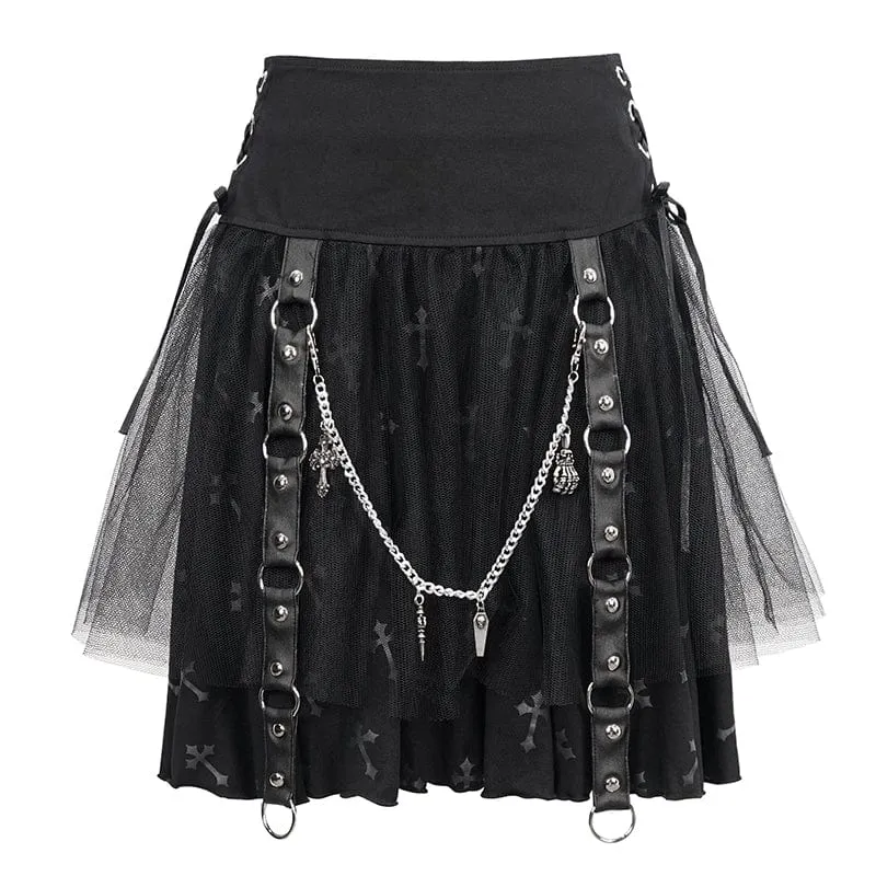 Gothic Strappy Mesh Splice Chain Kjol för kvinnor