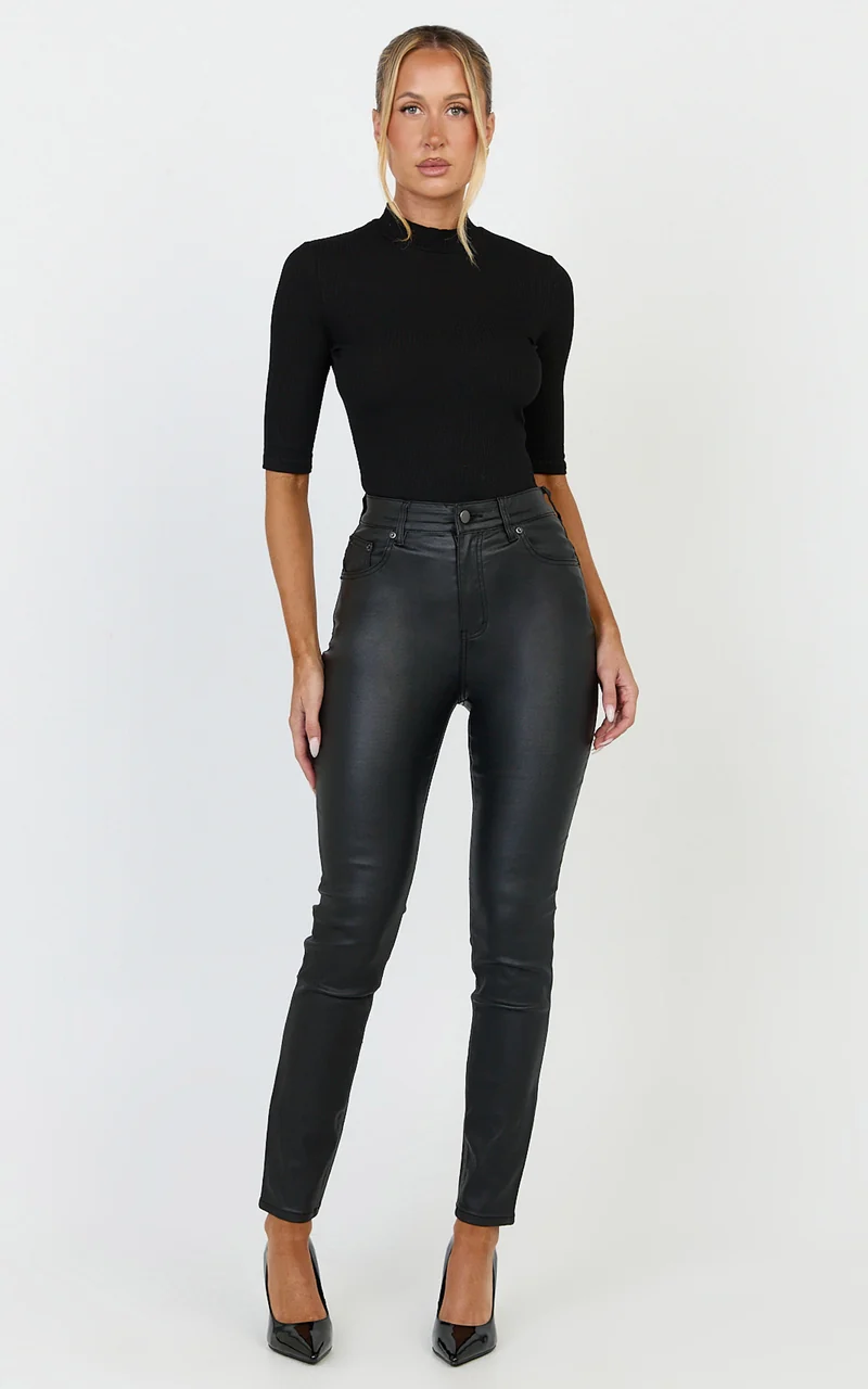 Whinnie Jeans - High Waist Skinny Coated Denim Jeans in Black