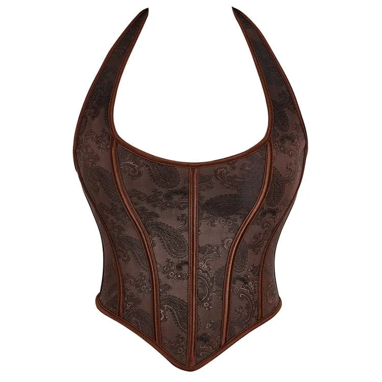 Gothic Strappy Floral Printed Halterneck Overbust Corset för kvinnor
