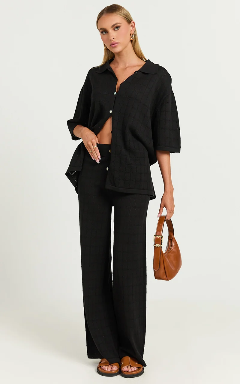 Tommy Two Piece Set - Knit Button Through Top and Pants Two Piece Set in Black