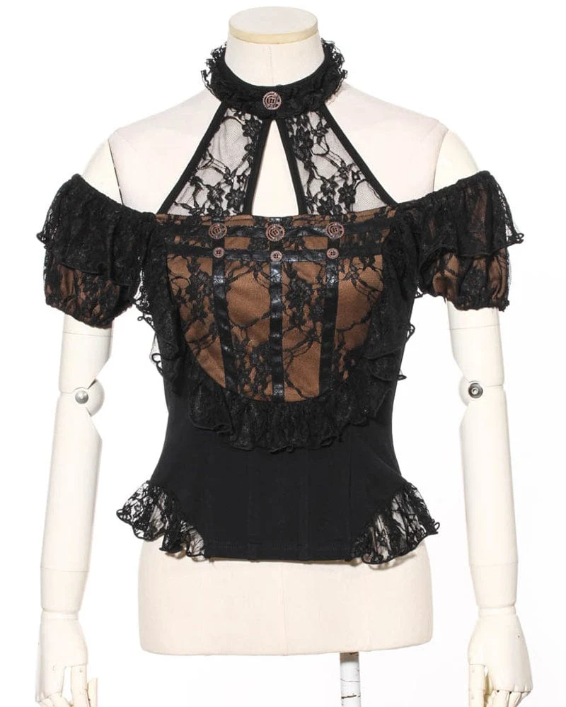 Dam Steampunk Off Shoulder Spets Spets Halterneck Topp