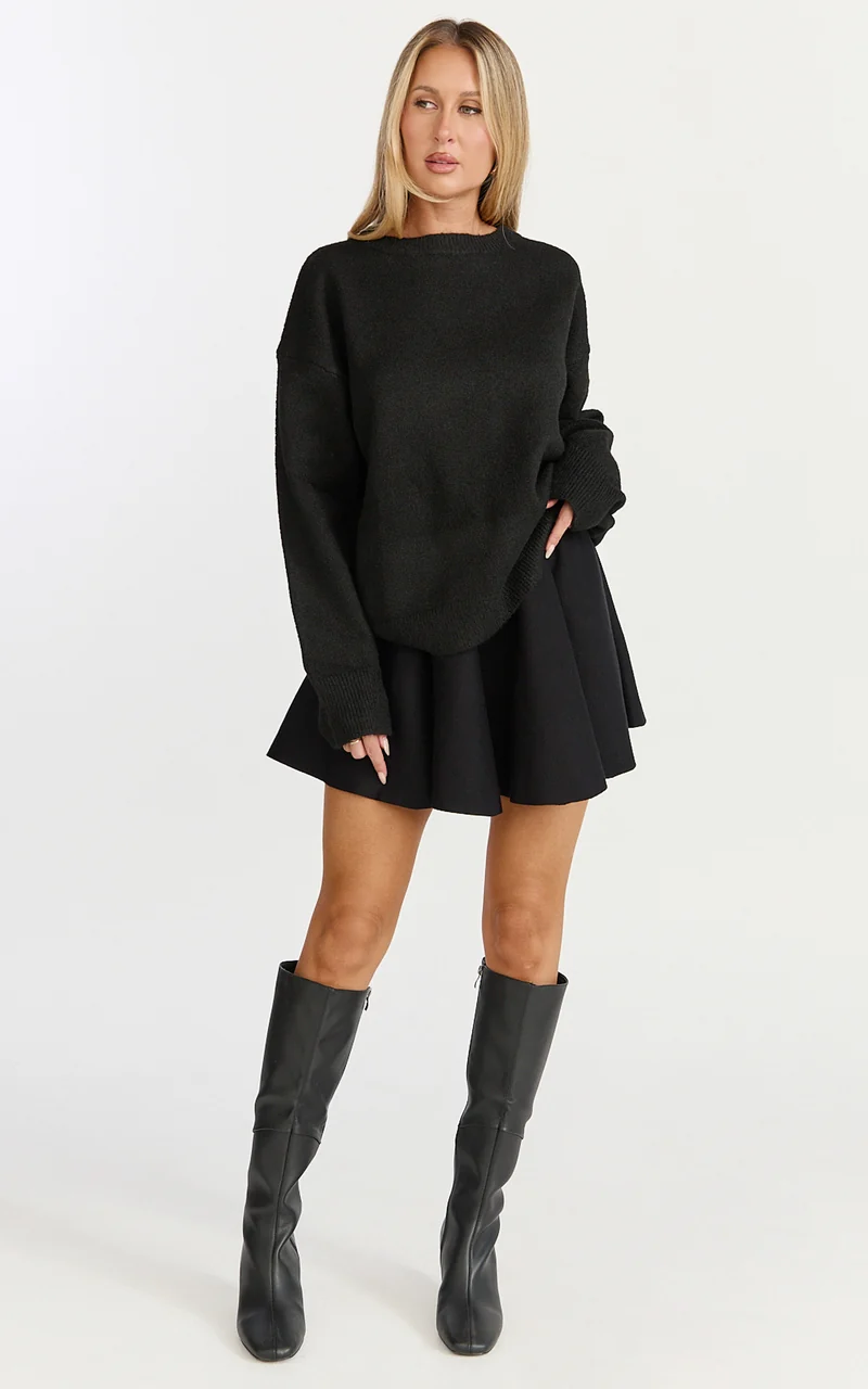 Farrah Mini Skirt - High Waisted A Line Skirt in Black