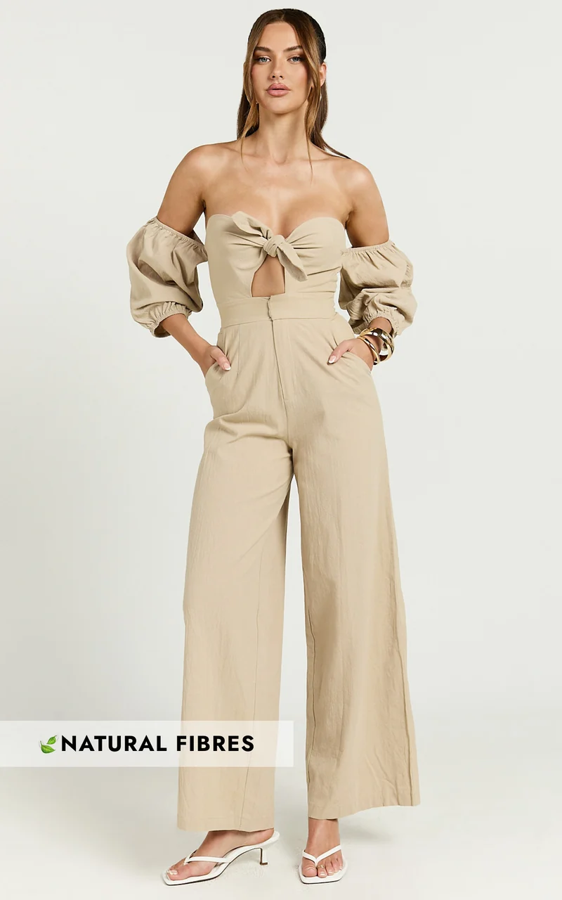 Maja Jumpsuit - Front Tie Off Shoulder Jumpsuit in Sand