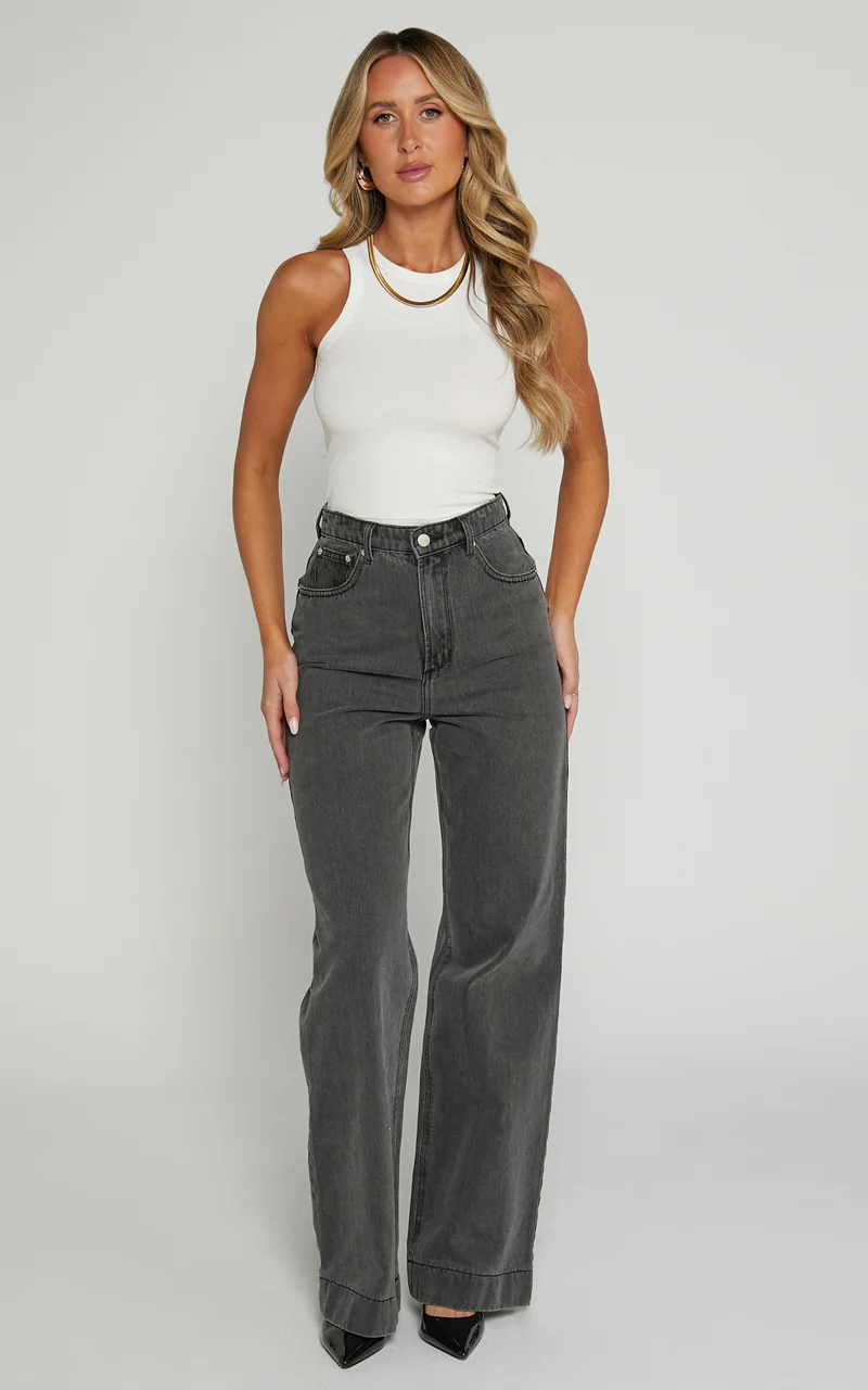 Emman Jeans - High Waisted Cotton Wide Leg Denim Jeans in Washed Black
