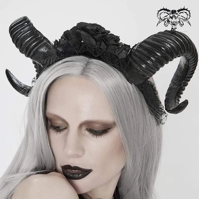 Gothic Black Devil Horn and Roses Headwear för kvinnor