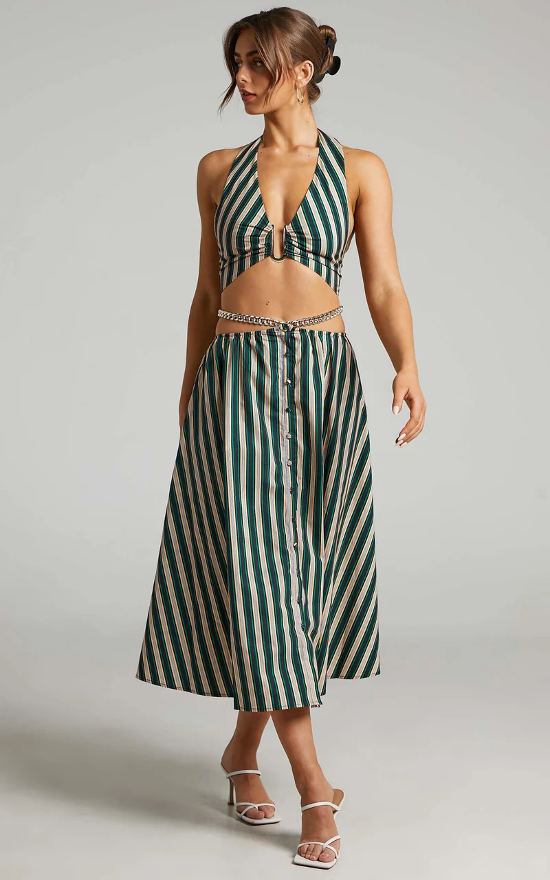 Atoir - The Gravity Midi Skirt in IVY PEACH STRIPE