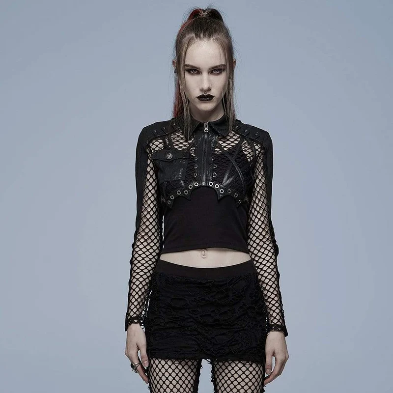 Dam Punk Turn-down krage Mesh Split Långärmad Crop Top