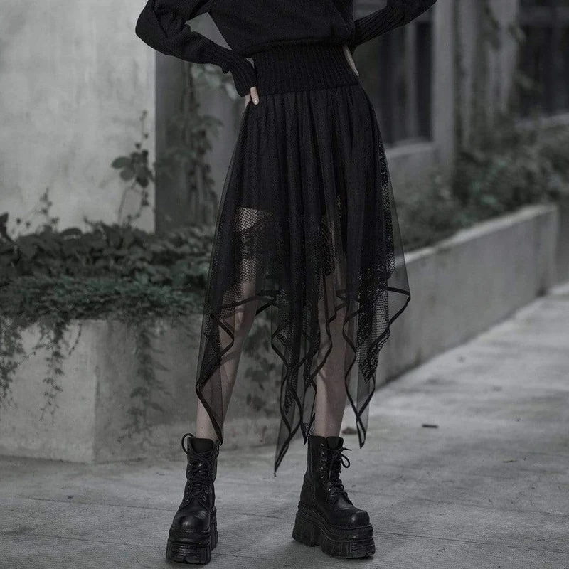 Dam Goth blommig spets Mesh Irrgular Maxikjol