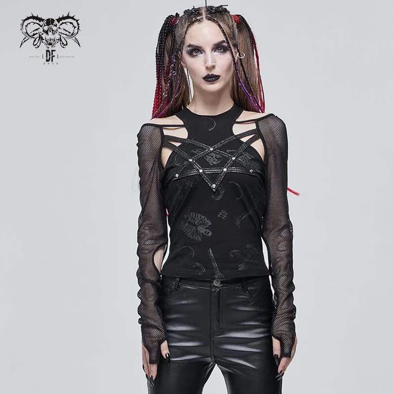 Gothic Pentagram Cutout Mesh Split Topp för kvinnor
