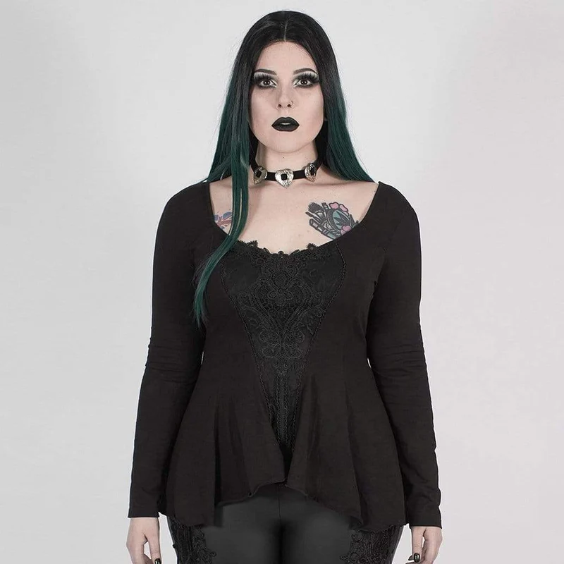 Dam Gothic Punk Black Asymmetrisk Helärmad Topp med Scoop Neck