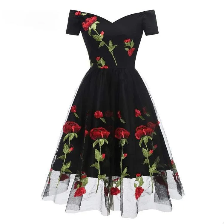 Dam Vintage Off Shoulder Rose Spets Festklänningar Bröllopsklänningar