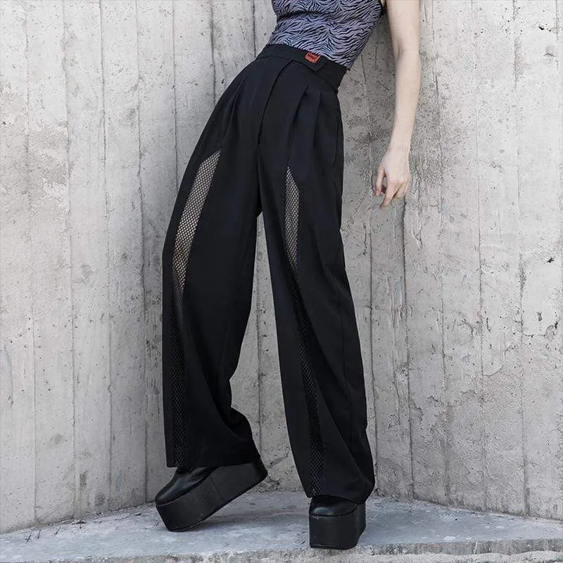 Gothic Strappy Splicing Mesh Raight Byxor för kvinnor