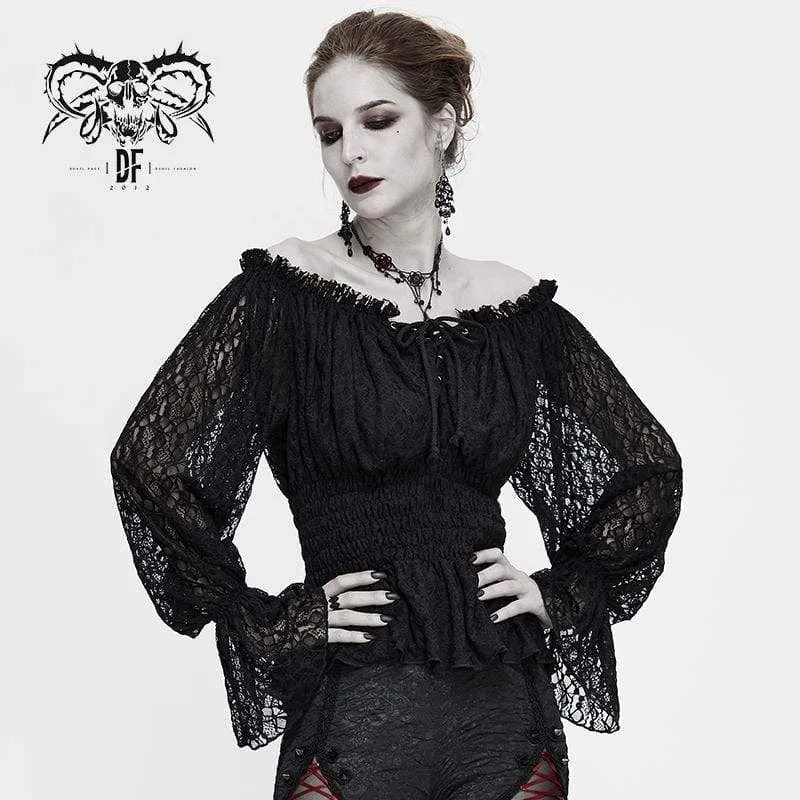 Gothic off-shoulder strappy spetsärmade toppar för kvinnor