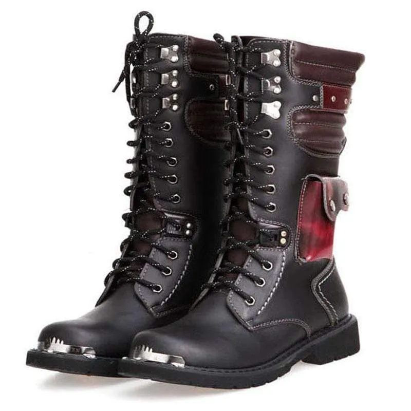 Punk Pocket Snörning för män Army Boots i konstläder Ridstövlar Moto Boots