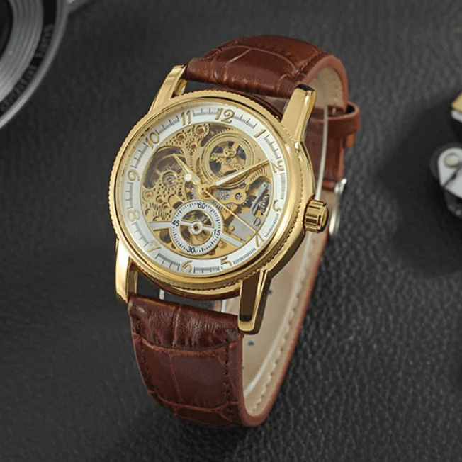 Steampunk mäns skelett mekaniskt läderarmbandsur