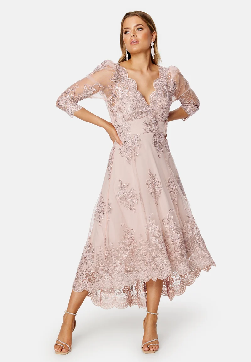 Embroidered Lace 3/4 Sleeve Midi Dress