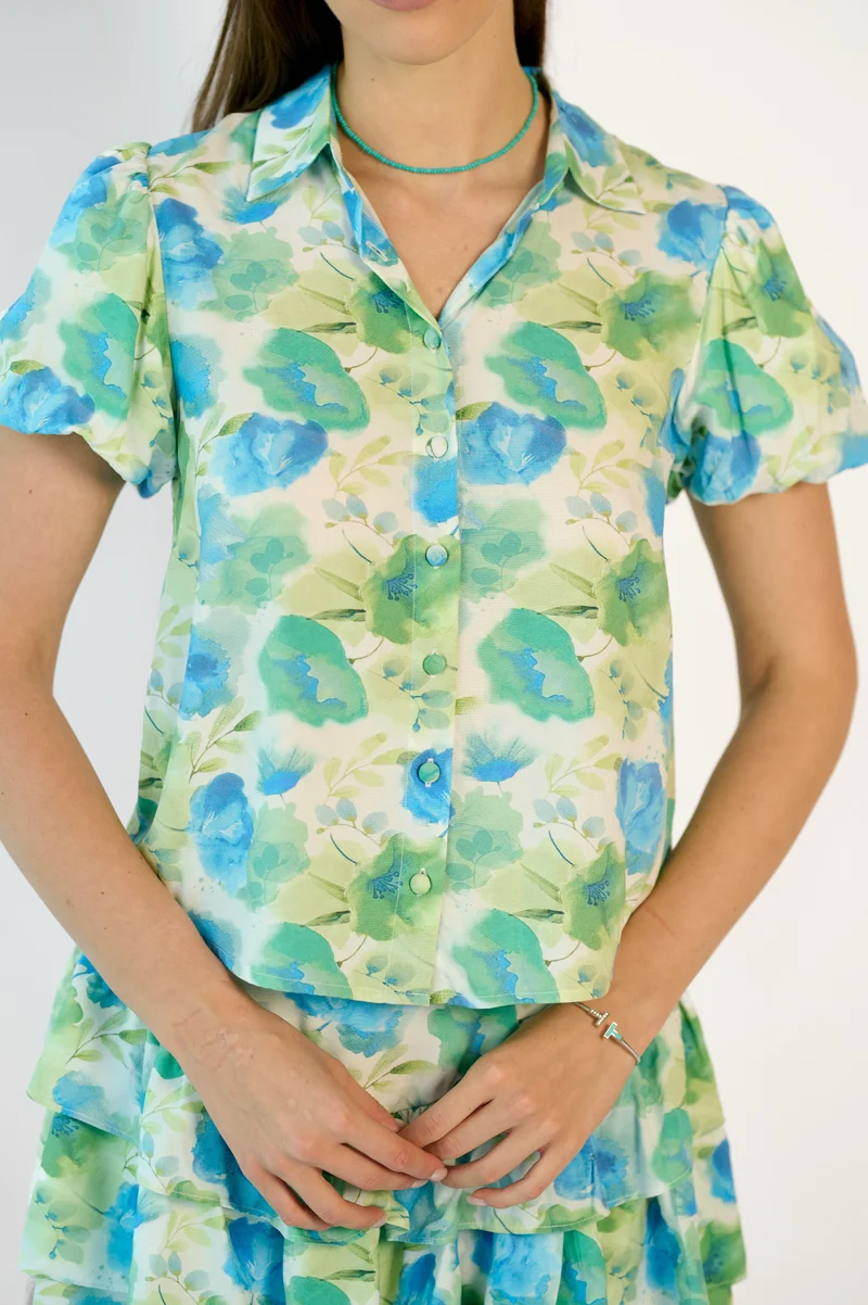 Rayla Shirt|100% Viscose Floral Puff Sleeve Shirt
