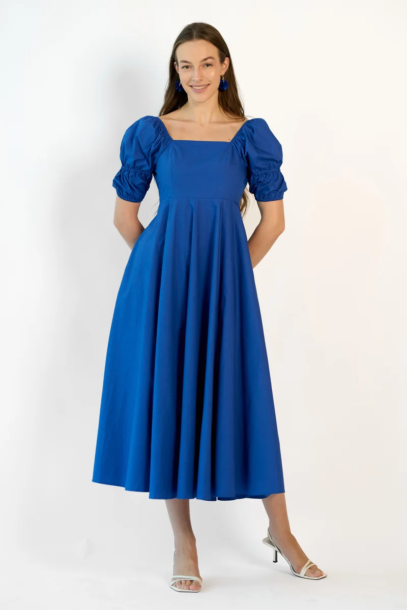 Mireya|100% Cotton Square Neck Puff Midi Dress
