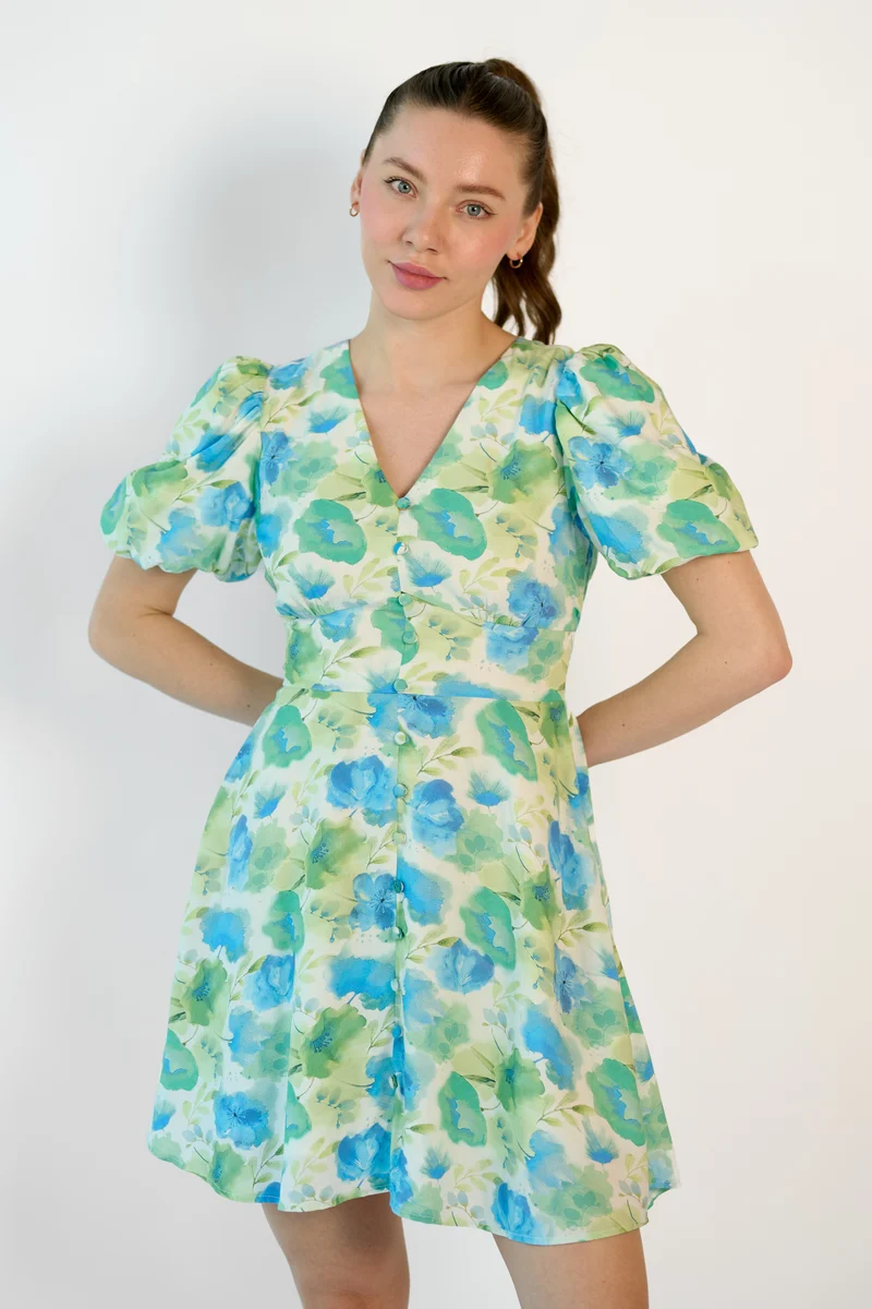 Zarael | 100% Viscose Puff Sleeve Mini Dress