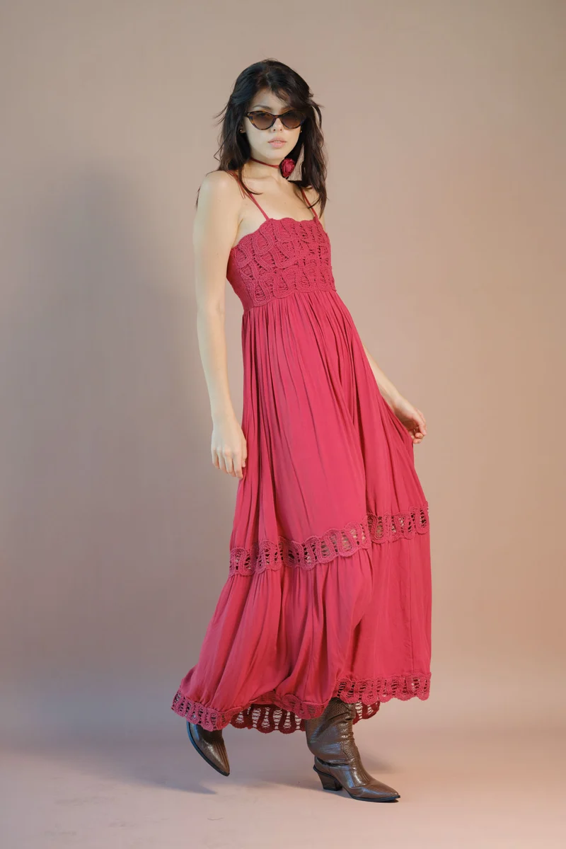 Crissy|100% Viscose Maxi Dress Strappy Lace Style