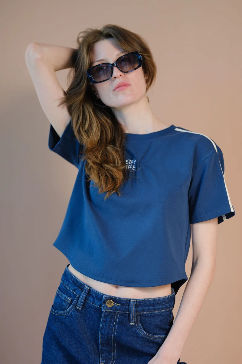 Ozzy|Cotton Stretch Blue Varsity Casual Tee