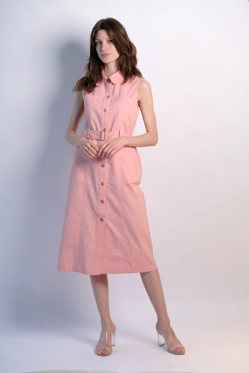 Rosy|100% Cotton Front Open Twill Dress With Belt