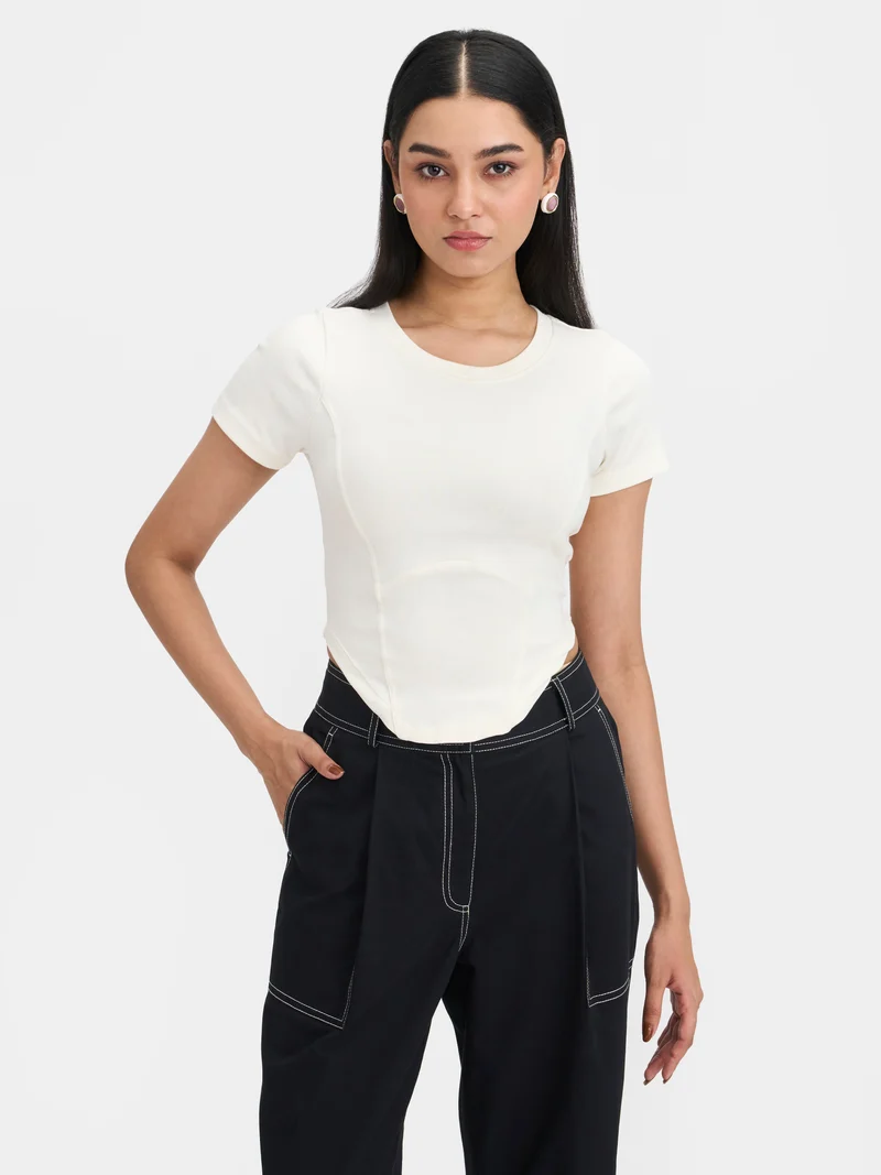 Areya|Cotton Stretch Grey Knitted Corset T-Shirt