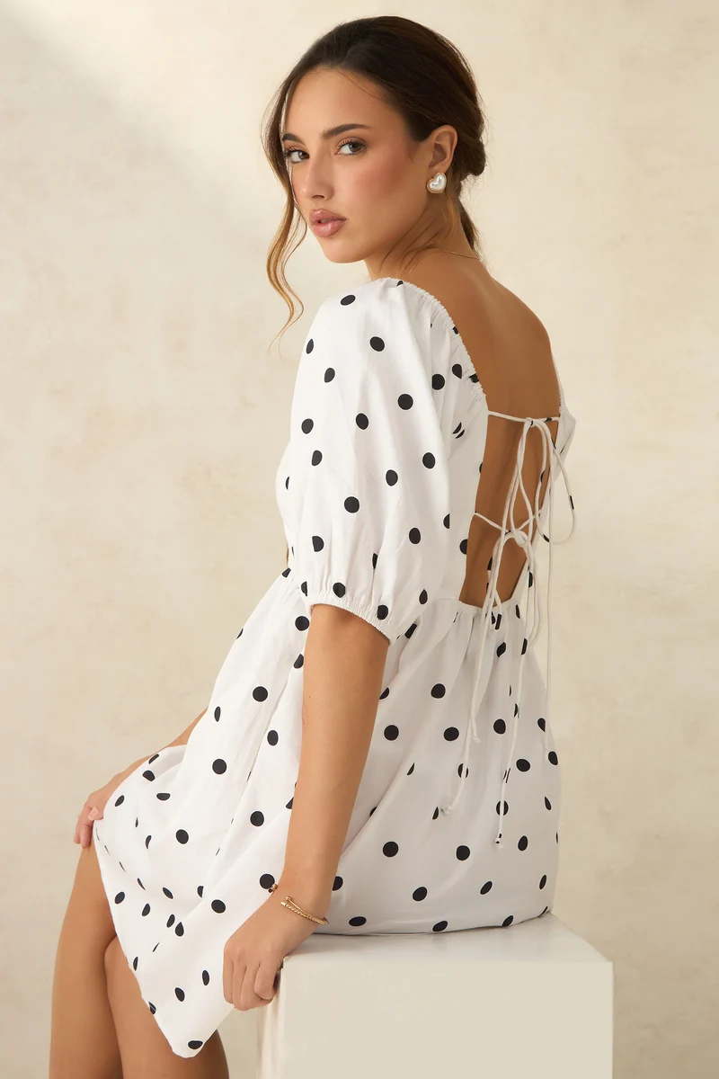 Camele|100% Cotton Polka Mini Dress With Tie At Back