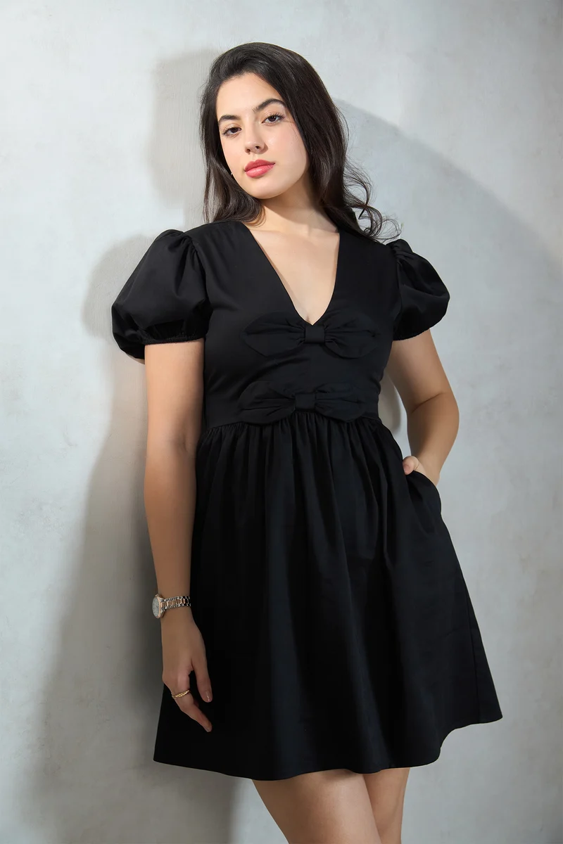 Carlienna|Cotton Stretch Black Mini Bow Dress