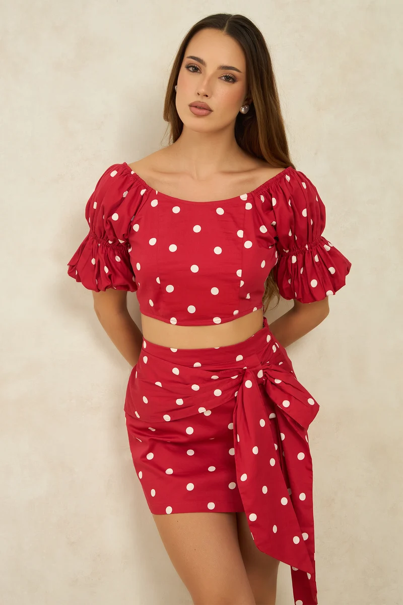 Stephany|100% Cotton Polka Crop Top With Puff Sleeves