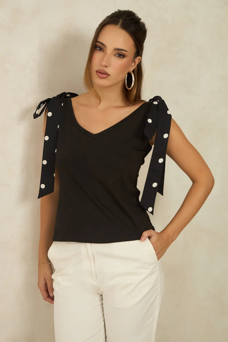 Belmos|Cotton Black Knit Top With Shoulder Bow
