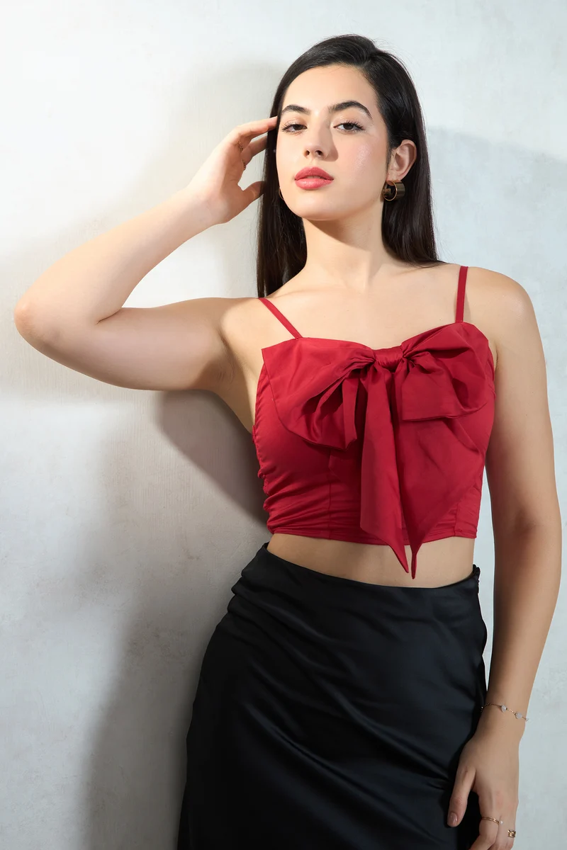 Bria|Cotton Stretch Red Crop Top With Big Bow