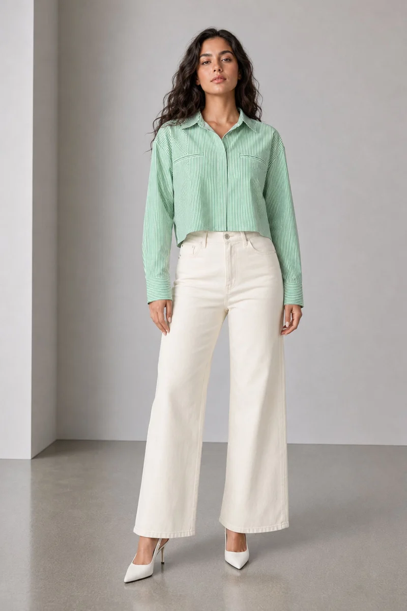 Bridget|100% Cotton Green-White Striped Shirt