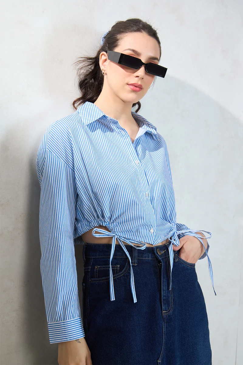 Adenna|100% Cotton Relaxed Tie Hem Striped Shirt