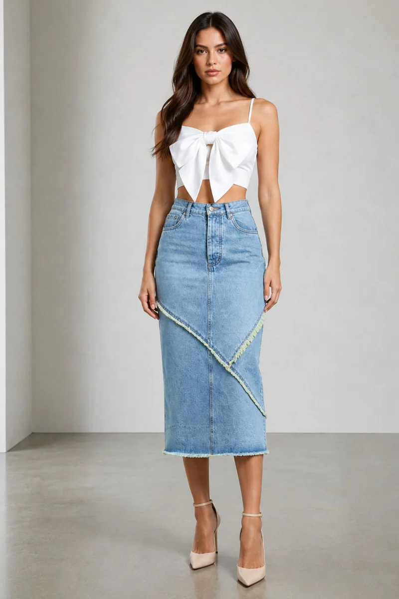 Dusk|100% Cotton Denim Midi Slit Raw Edge Skirt