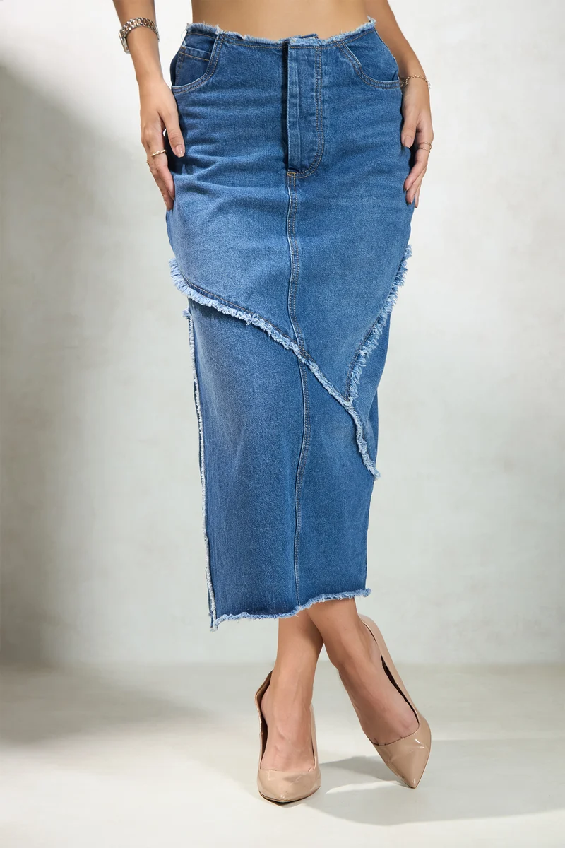 Sloane|100% Cotton Denim Midi Slit Raw Edge Skirt