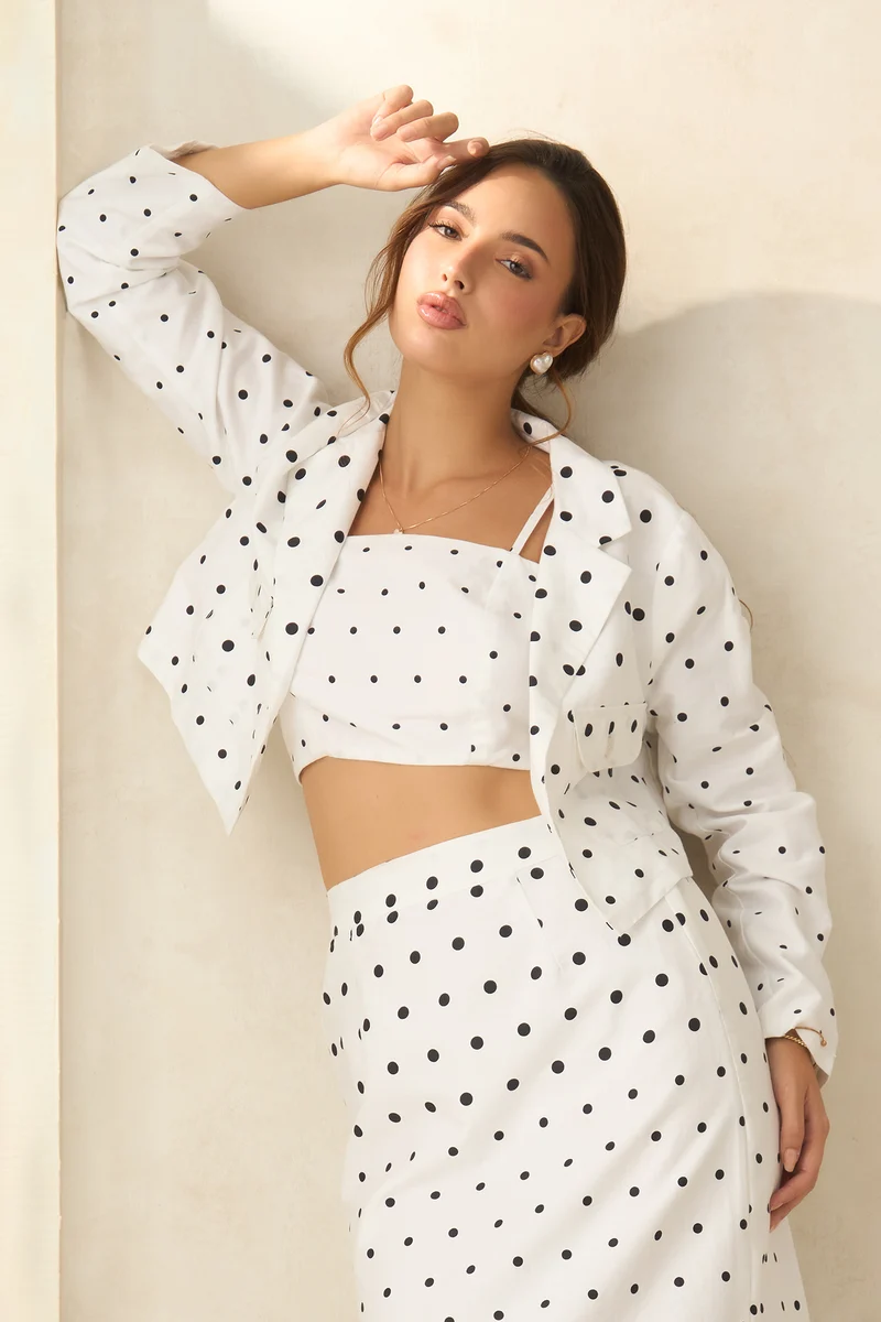 Hernes Blazer|100% Cotton Polka Crop Blazer With Front Pocket