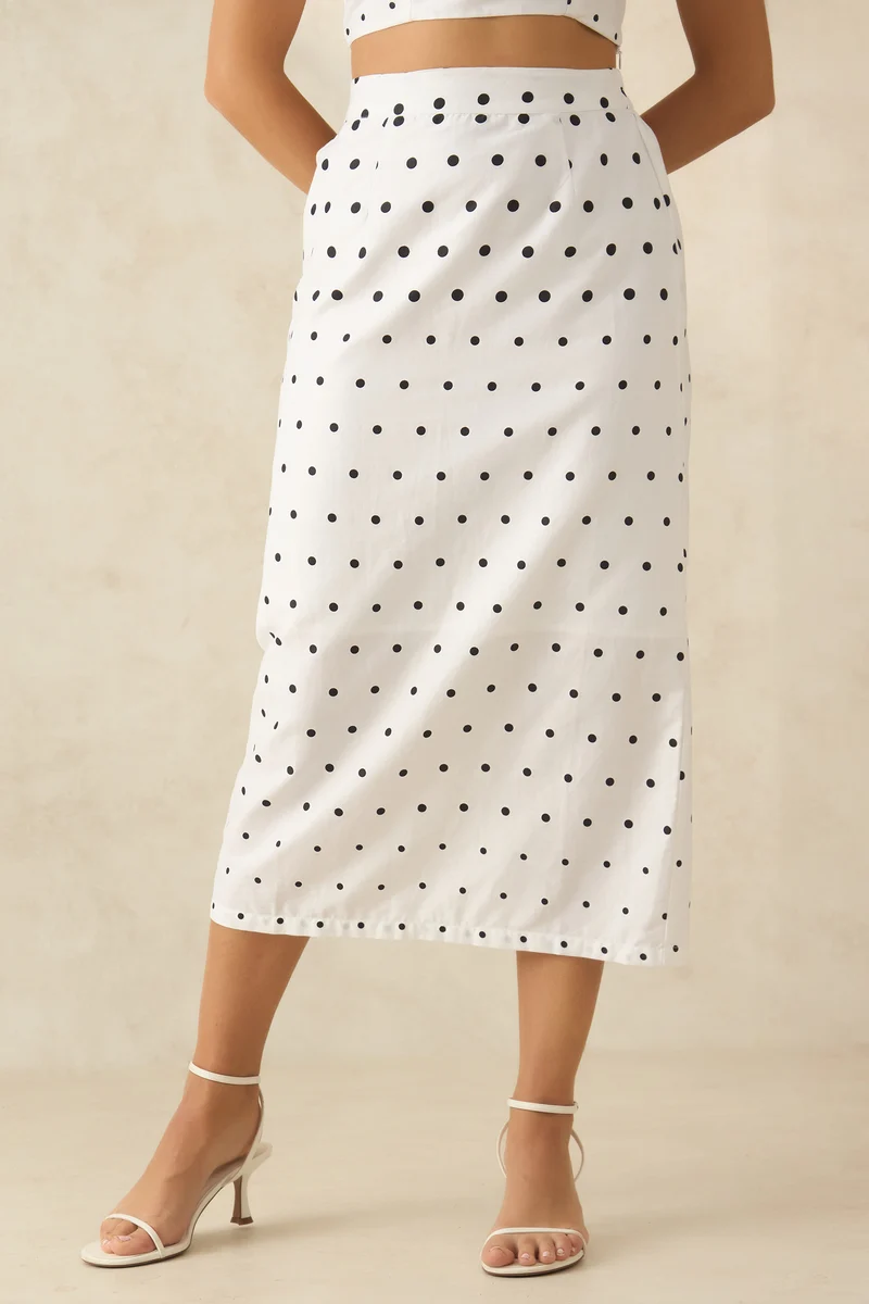 Hernes Skirt|100% Cotton Polka Midi Skirt With Fitted Style