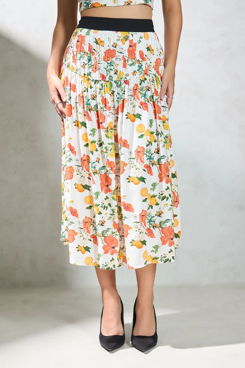 Anjali Skirt|100% Modal Floral Pintuck Skirt With Pleats